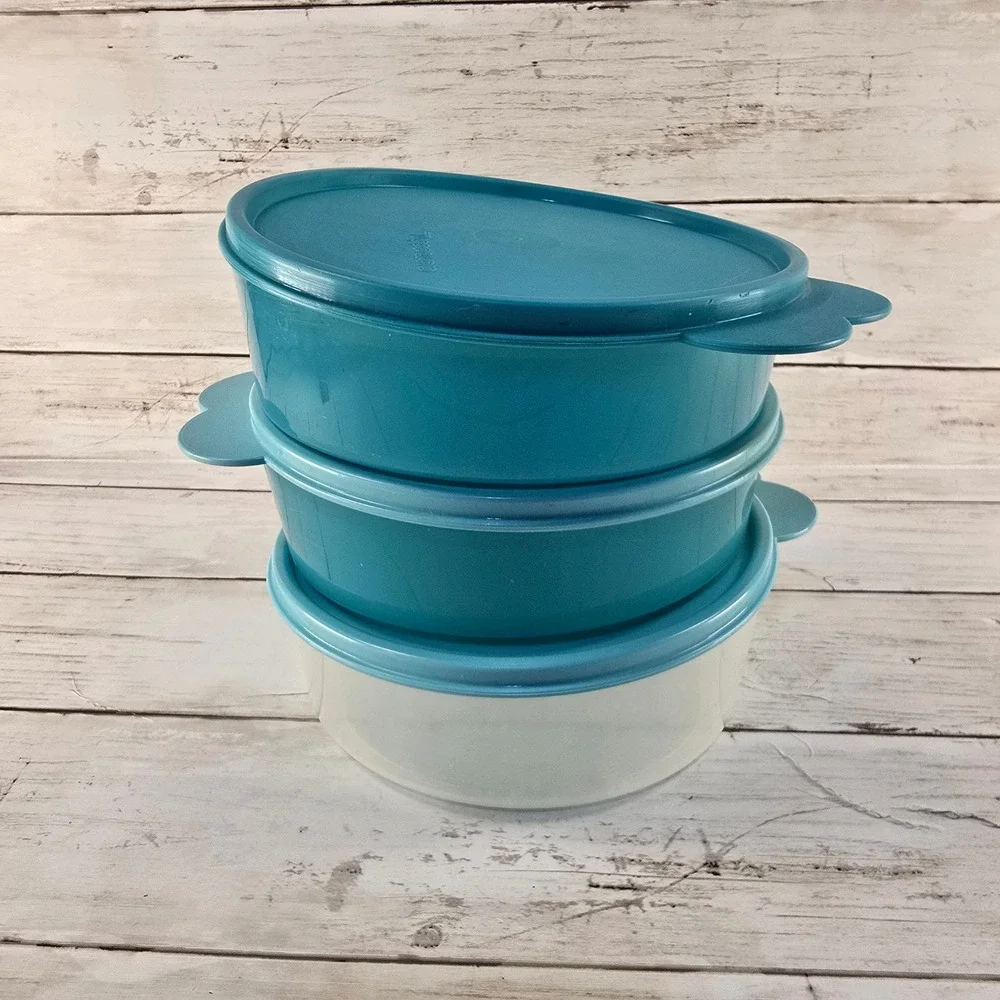 Tupperware Servalier Oval Nesting Bowl Set Teal Frosted Clear 500ml 700ml 3pc